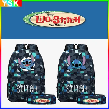 MINISO Disney Stitch Lilo & Stitch 2023 Новая синяя школьная сумка в клетку из двух частей для мужчин и женщин, школьная сумка цилиндрической формы для студентов