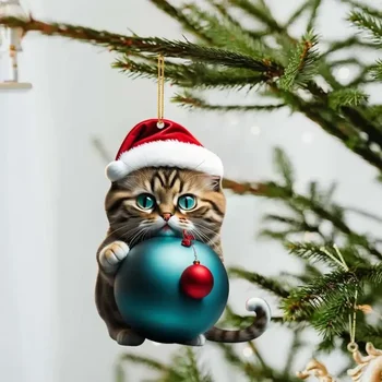 100шт Рождественский брелок для автомобиля с котом, Праздничное украшение для автомобиля с котом, Супер Милый брелок для кота, Акриловая Шляпа Санты, Котенок, Рождественская елка